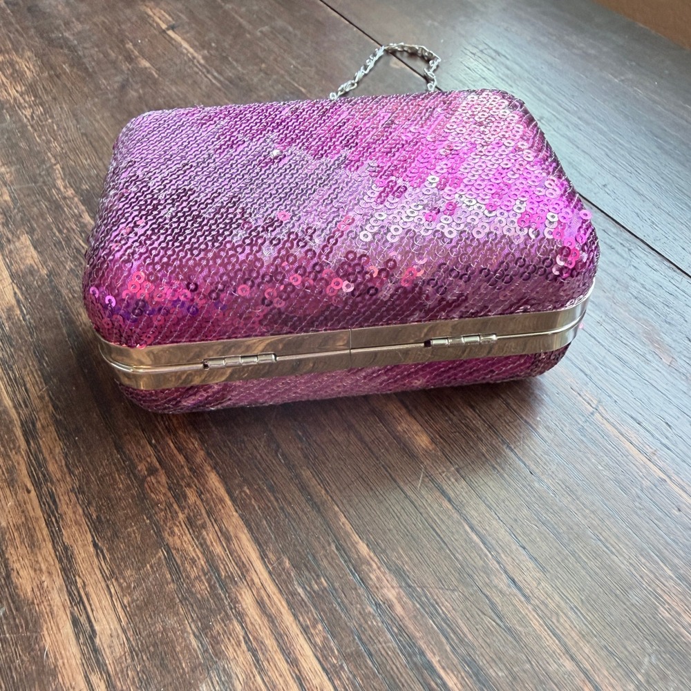 Jessica McClintock Pink Sequin Clutch Evening Bag Chain Strap Party Purse - Picture 5 of 5